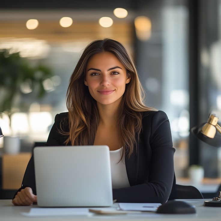 confident businesswoman working on laptop in modern office
